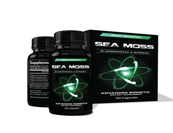 Advanced Bionetix Organic Irish Sea Moss Capsules, Raw Wildcrafted Seamoss Enhanced w/Bladderwrack & Burdock Root Capsules 120 Total Pills Antioxidant Packed. Prebiotic Superfood, Thyroid Support.