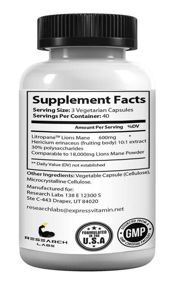 Research Labs Lions Mane Supplement Capsules, 2 Fer 1 Ad - 240 Capsules w/Patent Litropane™