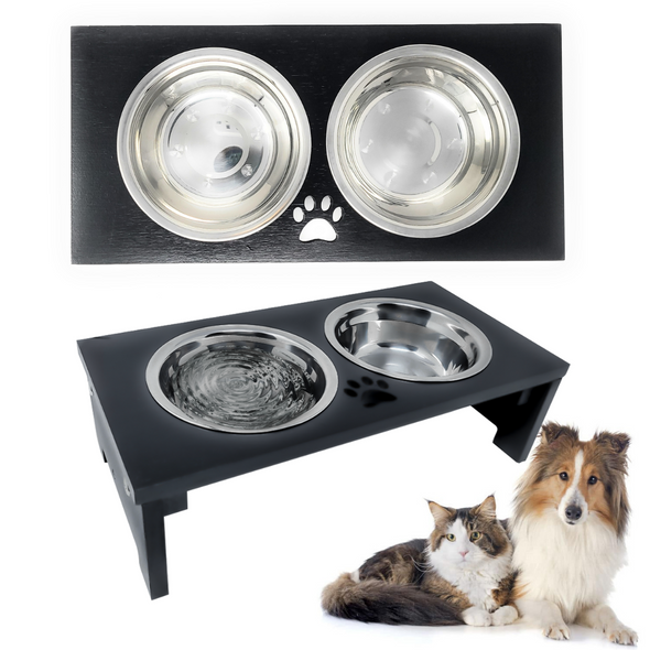 Research Labs Modern & Elegant Bamboo Elevated Small Dog Bowls / Cat Bowls. Durable & Beautiful Raised Pet Feeder Bowl Stand w/ 2 Stainless Steel Food & Water Bowls. Perfect for Smaller Pets, Black
