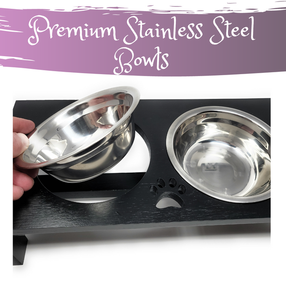 Research Labs Modern & Elegant Bamboo Elevated Small Dog Bowls / Cat Bowls. Durable & Beautiful Raised Pet Feeder Bowl Stand w/ 2 Stainless Steel Food & Water Bowls. Perfect for Smaller Pets, Black