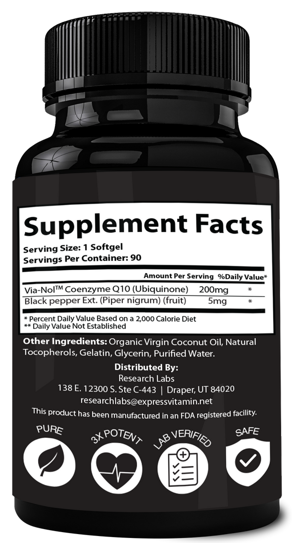 Research Labs Advanced Absorption 200mg CoQ10 w/Black Pepper Extract. 90 Softgels. Organic, Gluten Free, Heart Health Support, Energy Production, Antioxidant Supplement