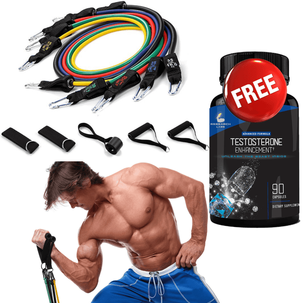 Research Labs Heavy Resistance Bands Set & Free Testosterone Booster Supplement - Ultimate Muscle Builder Bundle for Home Workout Bands