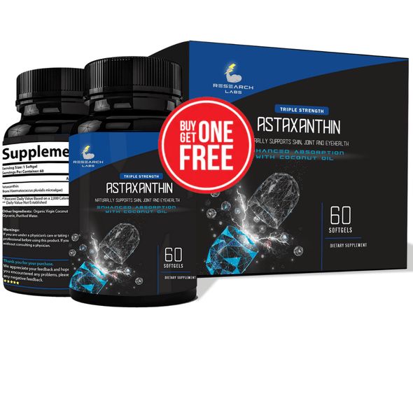 Research Labs Triple Strength Natural Astaxanthin 12mg Softgels w/ Organic Coconut Oil for Enhanced Absorption. Supports Eye, Joint & Heart Health